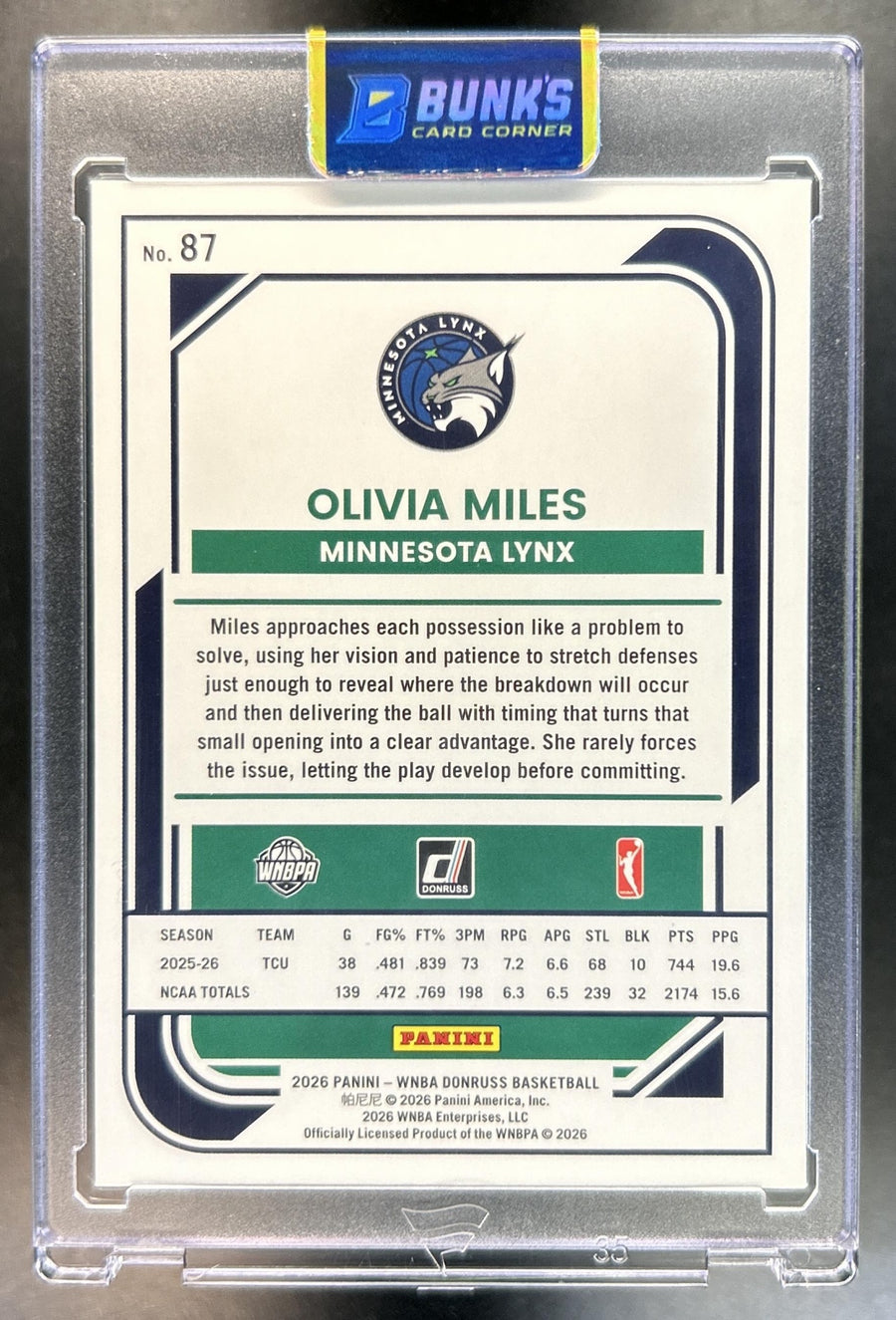 Olivia Miles 2026 Panini Donruss WNBA #87 Rated Rookie Holo RC Lynx