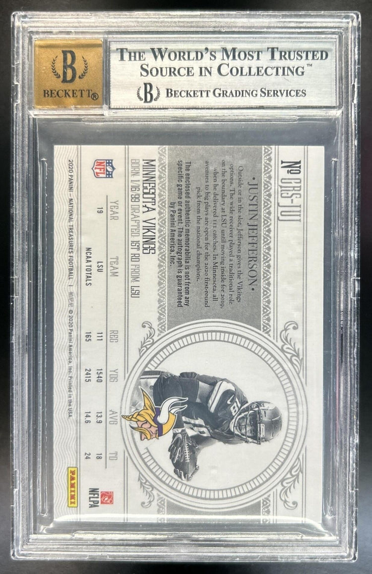 Justin Jefferson 2020 Panini National Treasures #CRS-JUJ Crossover Rookie Patch Auto MEM RC Vikings BGS 9/10