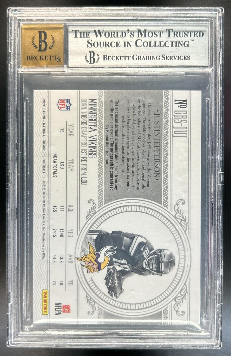 Justin Jefferson 2020 Panini National Treasures #CRS-JUJ Crossover Rookie Patch Auto MEM RC Vikings BGS 9/10
