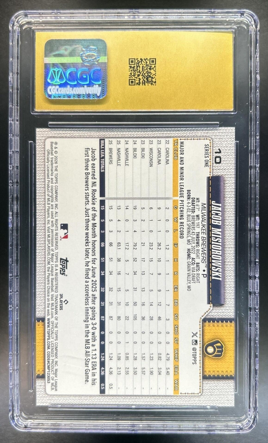 Jacob Misiorowski 2026 Topps Series 1 #10 RC Brewers CGC Pristine 10
