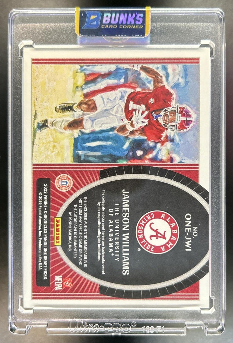 Jameson Williams 2022 Panini Chronicles Draft Picks #ONE-JWI One Quad Patch Auto 47/99 RC Crimson Tide