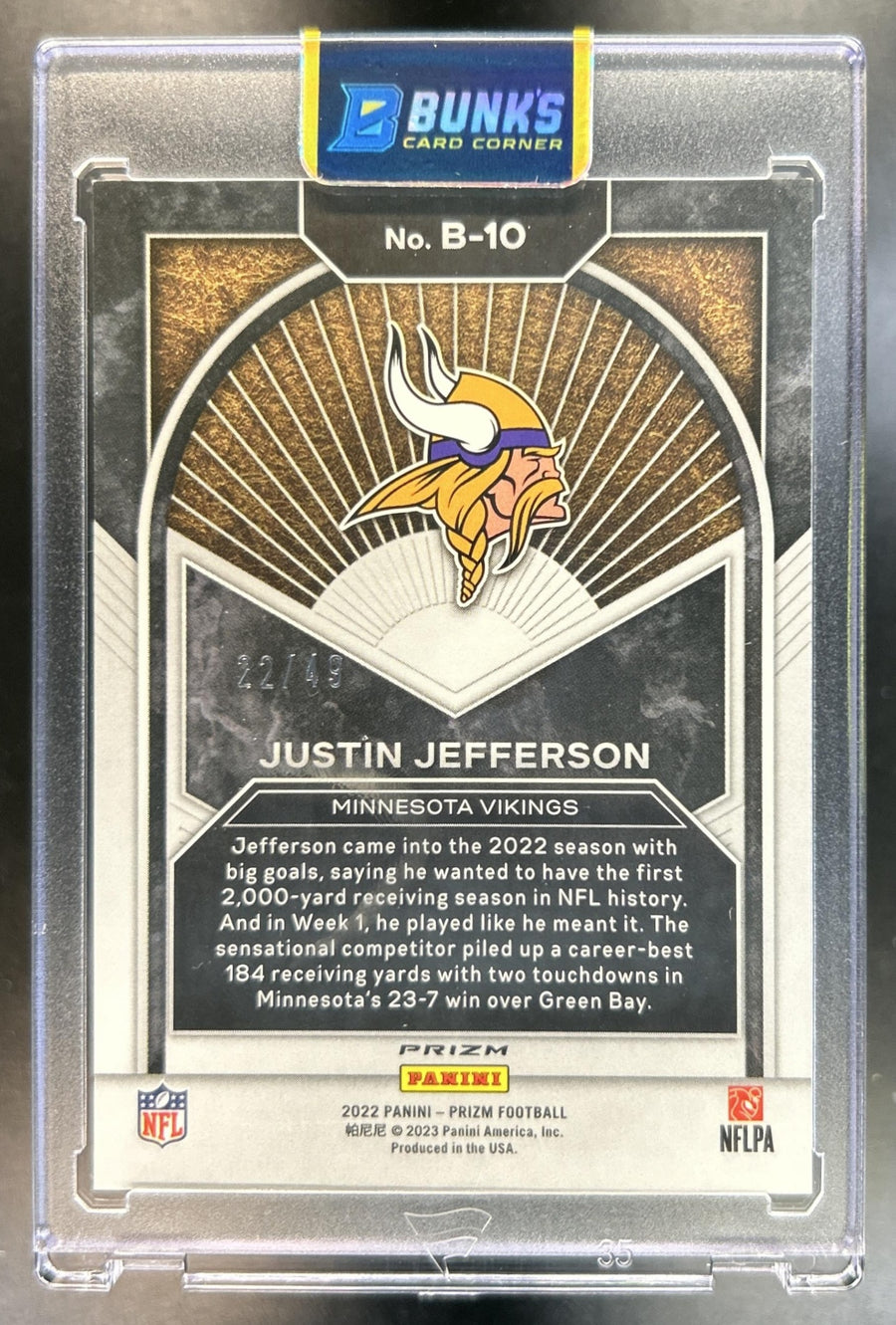Justin Jefferson 2022 Panini Prizm #B-10 Brilliance Prizms Purple Power Vikings 22/49