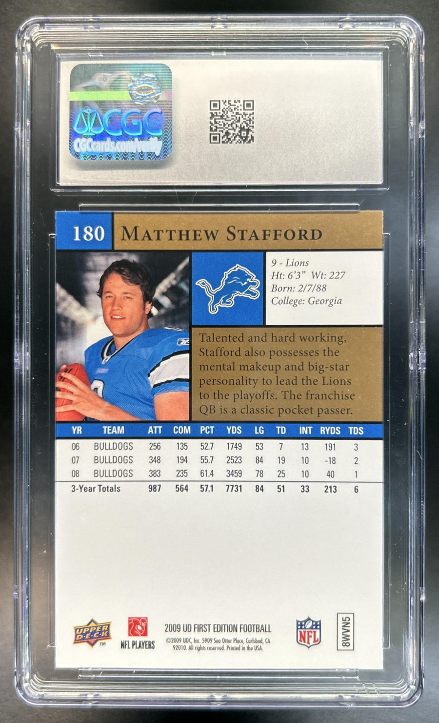 Matthew Stafford 2009 Upper Deck First Edition #180 RC Lions 9 CGC