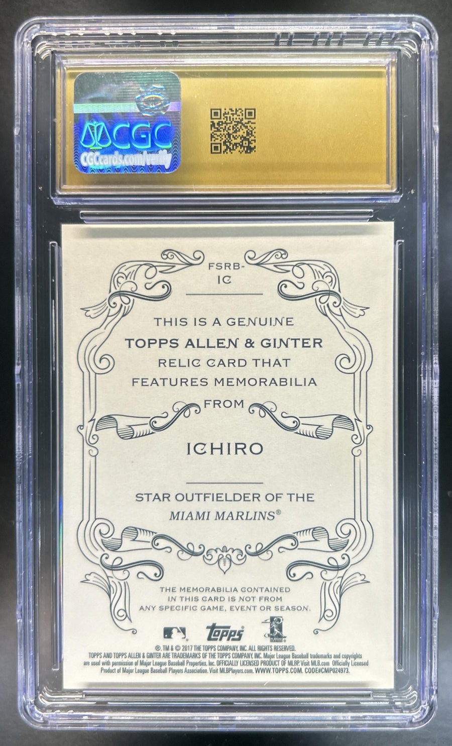 Ichiro 2017 Topps Allen & Ginter #FSRB-IC Full Size Design B Relics MEM Marlins CGC Pristine 10