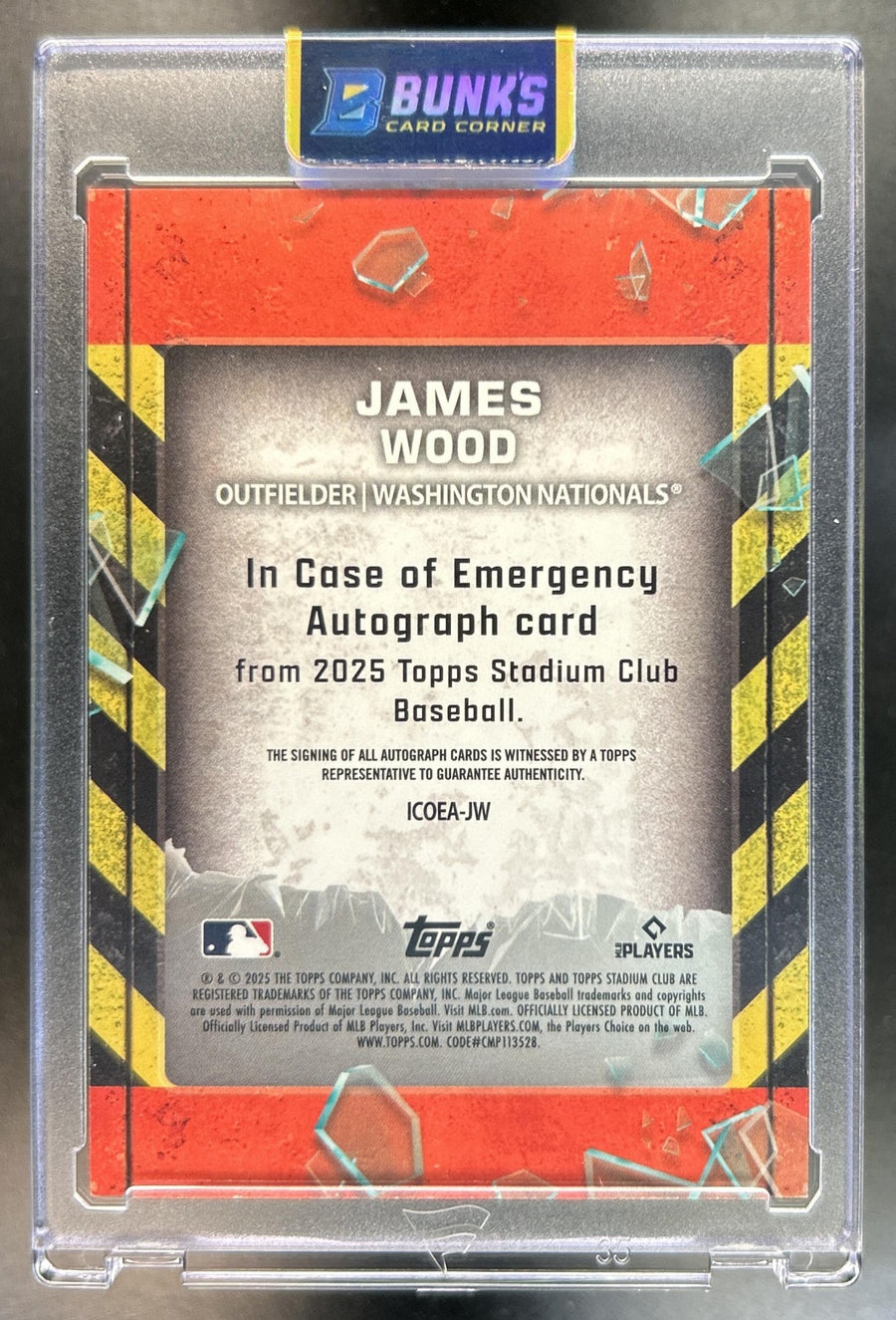 James Wood 2025 Topps Stadium Club #ICOEA-JW In Case Of Emergency Auto Purple Foil 13/25 RC Nationals