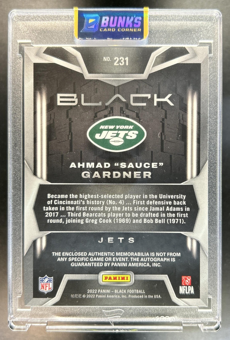Ahmad "Sauce" Gardner 2022 Panini Black #231 Silver 34/99 MEM Auto RC Jets
