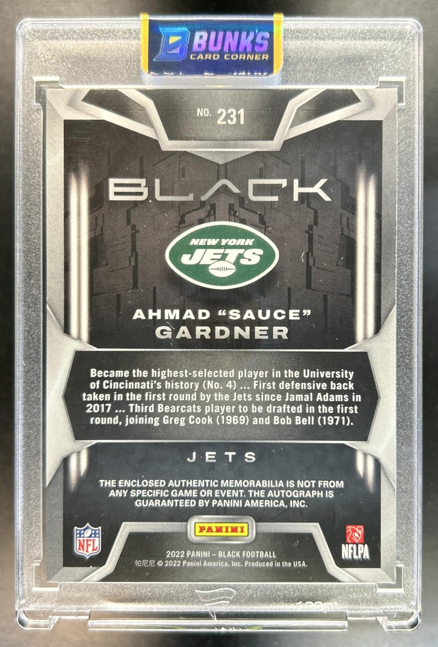 Ahmad "Sauce" Gardner 2022 Panini Black #231 Silver 34/99 MEM Auto RC Jets