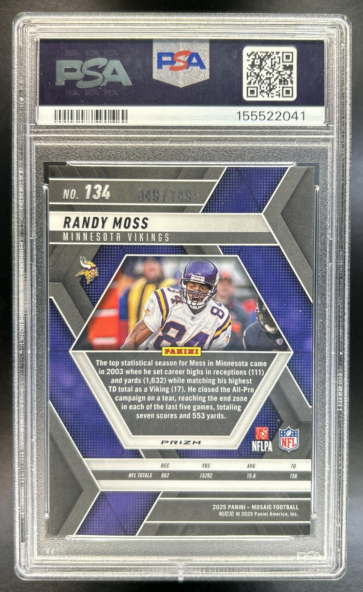 Randy Moss 2025 Panini Mosaic #134 Silver Knight Prizm 49/149 Vikings PSA 10 *Population 1*