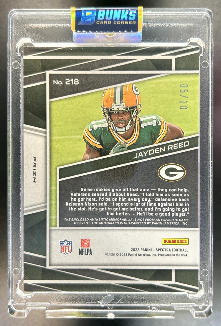 Jayden Reed 2023 Panini Spectra #218 Rookie Patch Auto Neon Black Light MEM RC 5/10 Packers