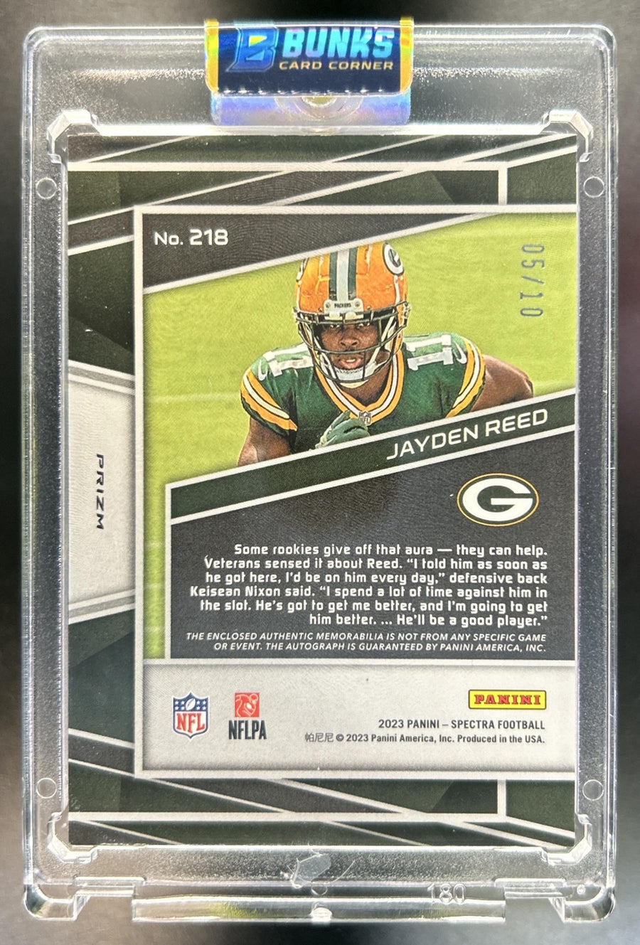 Jayden Reed 2023 Panini Spectra #218 Rookie Patch Auto Neon Black Light MEM RC 5/10 Packers
