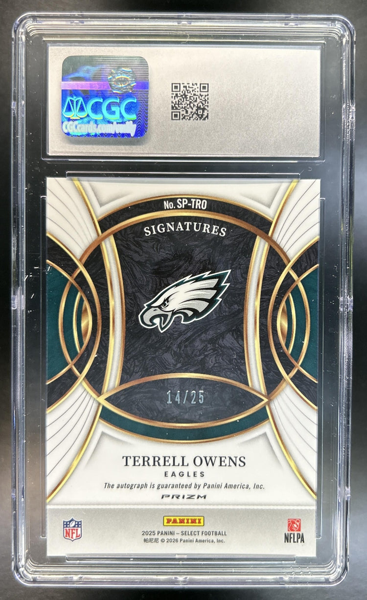 Terrell Owens 2025 Panini Select #SP-TOS Signatures Tie-Dye Prizm Die-Cut 14/25 Auto Eagles CGC 10
