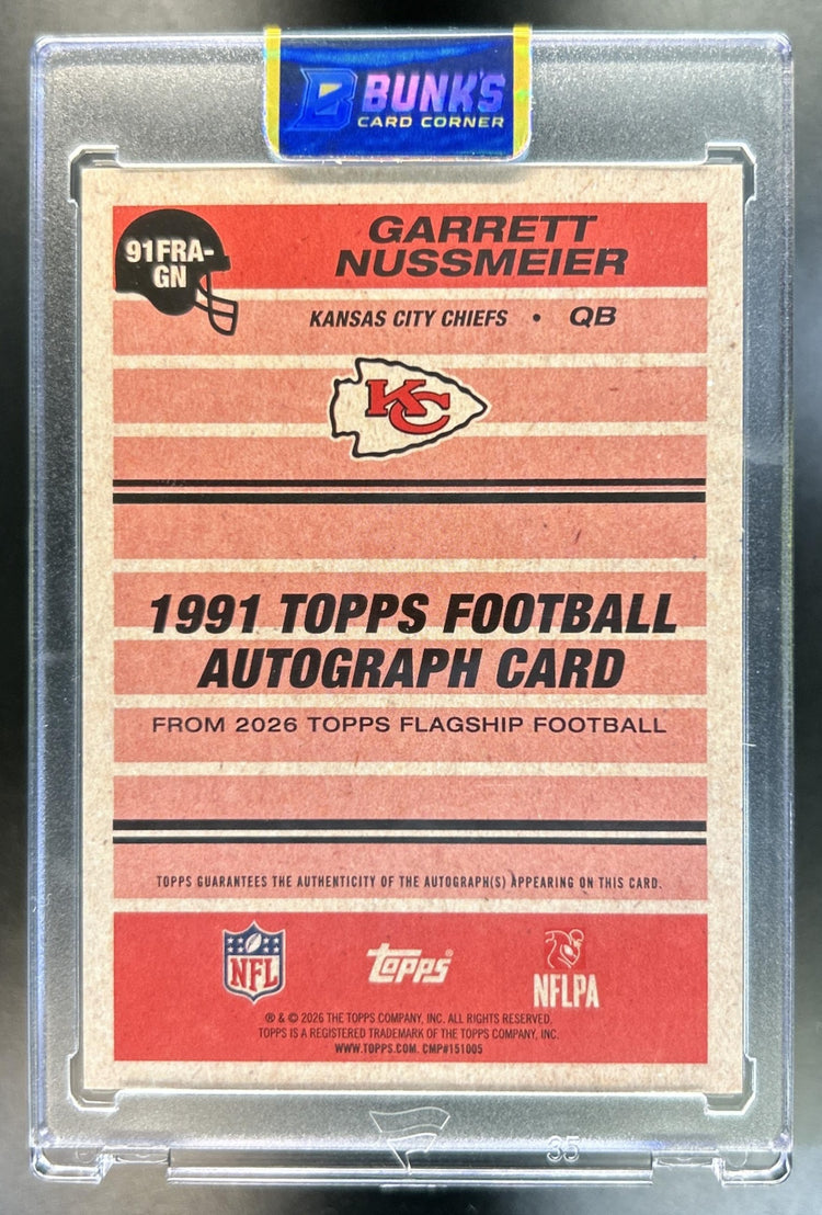 Garrett Nussmeier 2026 Topps #91FRA-GN 1991 Topps 35th Rookie Auto Blue 4/150 RC Chiefs