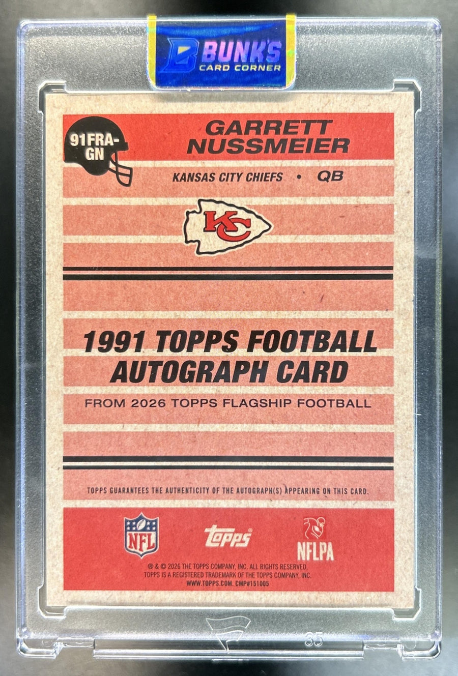 Garrett Nussmeier 2026 Topps #91FRA-GN 1991 Topps 35th Rookie Auto Blue 4/150 RC Chiefs