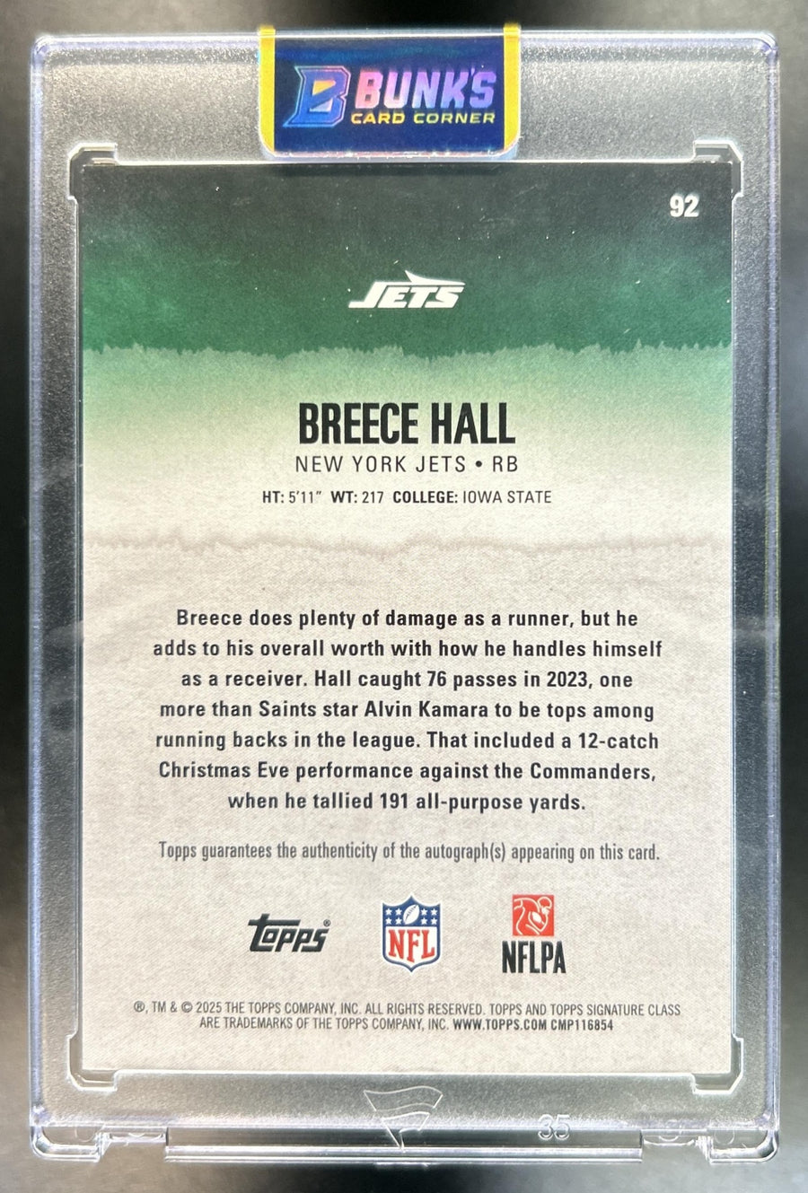Breece Hall 2025 Topps Signature Class #92 Veteran Auto Holo Foil 100/275 Jets