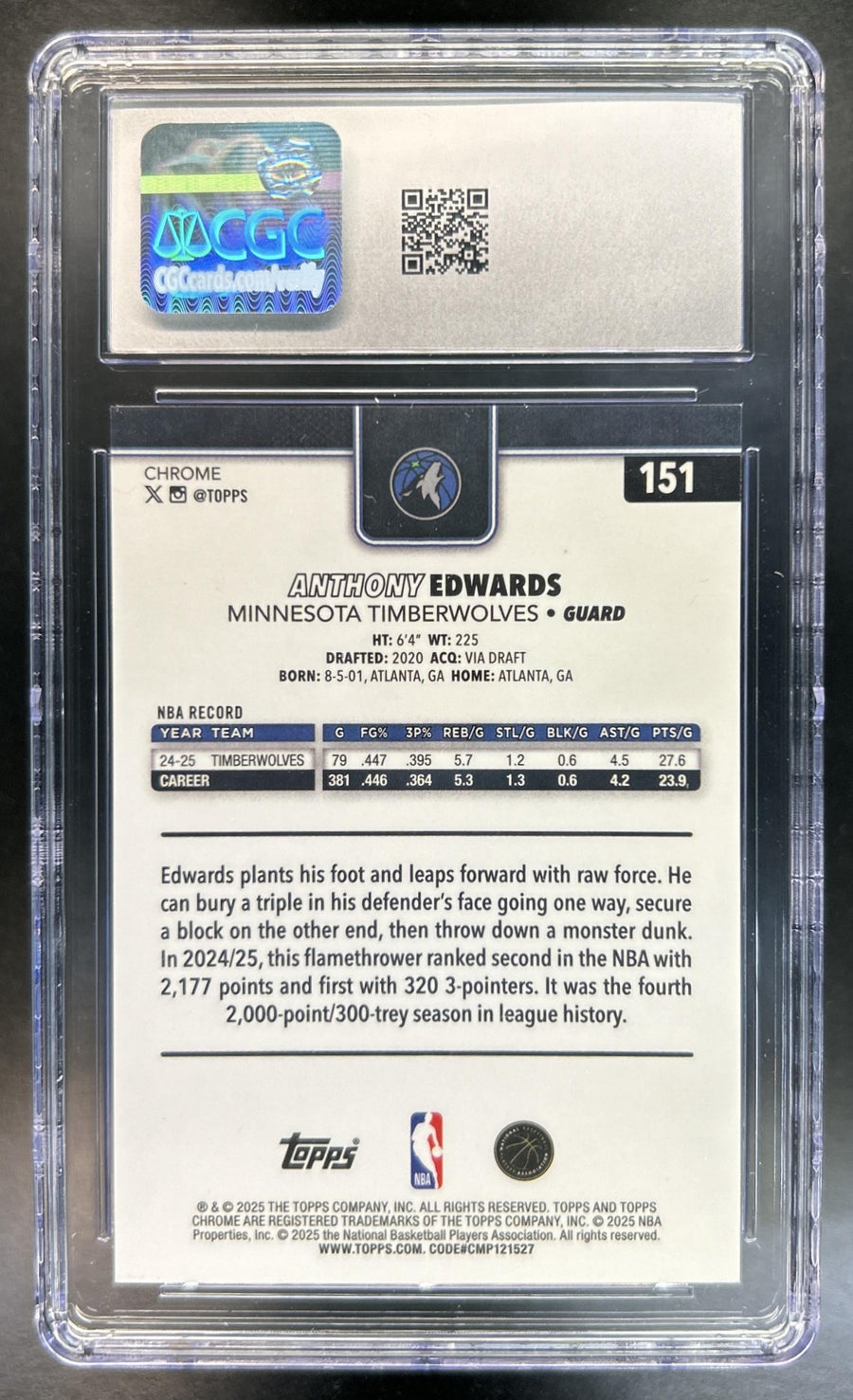 Anthony Edwards 2025-26 Topps Chrome #151 Blue X-Fractor Timberwolves CGC 10