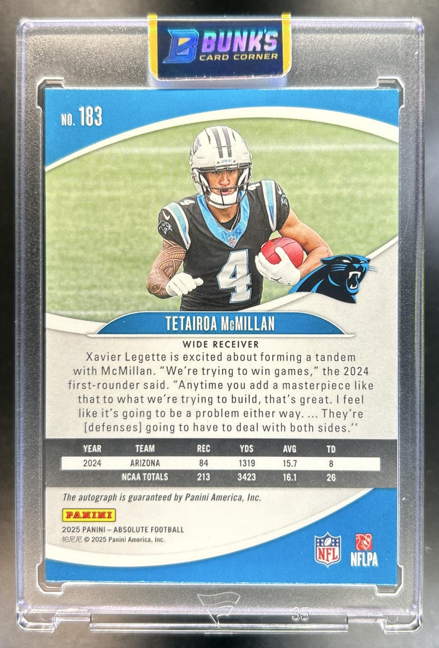 Tetairoa McMillan 2025 Panini Absolute #183 Signature Rookies Spectrum 282/299 RC Auto Panthers