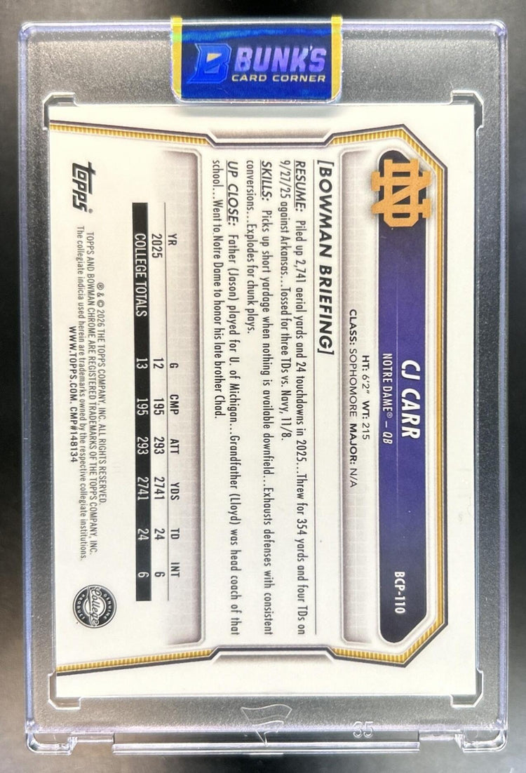 CJ Carr 2026 Bowman #BCP-110 Chrome Speckle Refractor 1st Prospect Fighting Irish