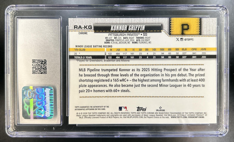 Konnor Griffin 2026 Topps Chrome #RA-KG Rookie Auto RC Pirates CGC 9