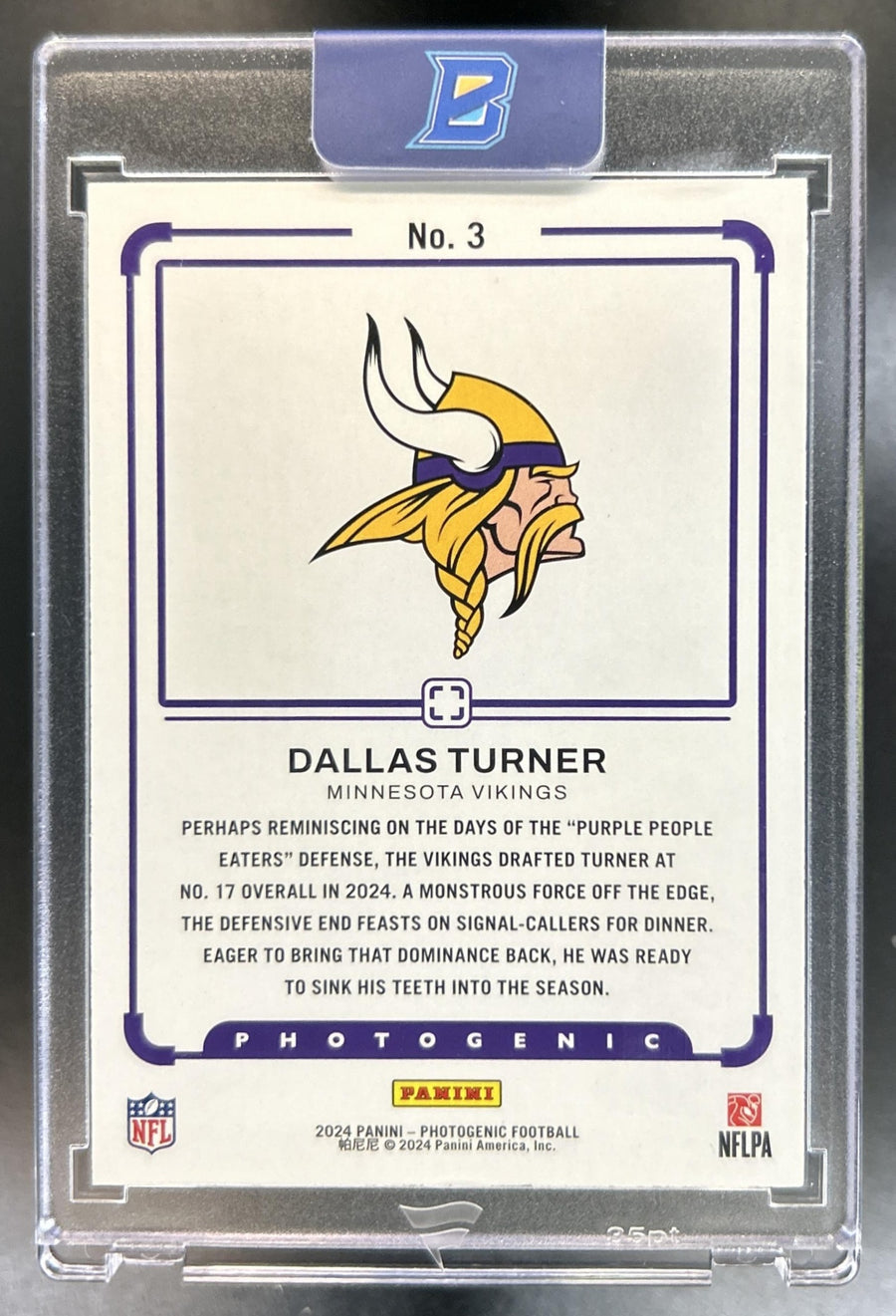 Dallas Turner 2024 Panini Photogenic #3 Draft Snapshots Blue 39/99 RC Vikings