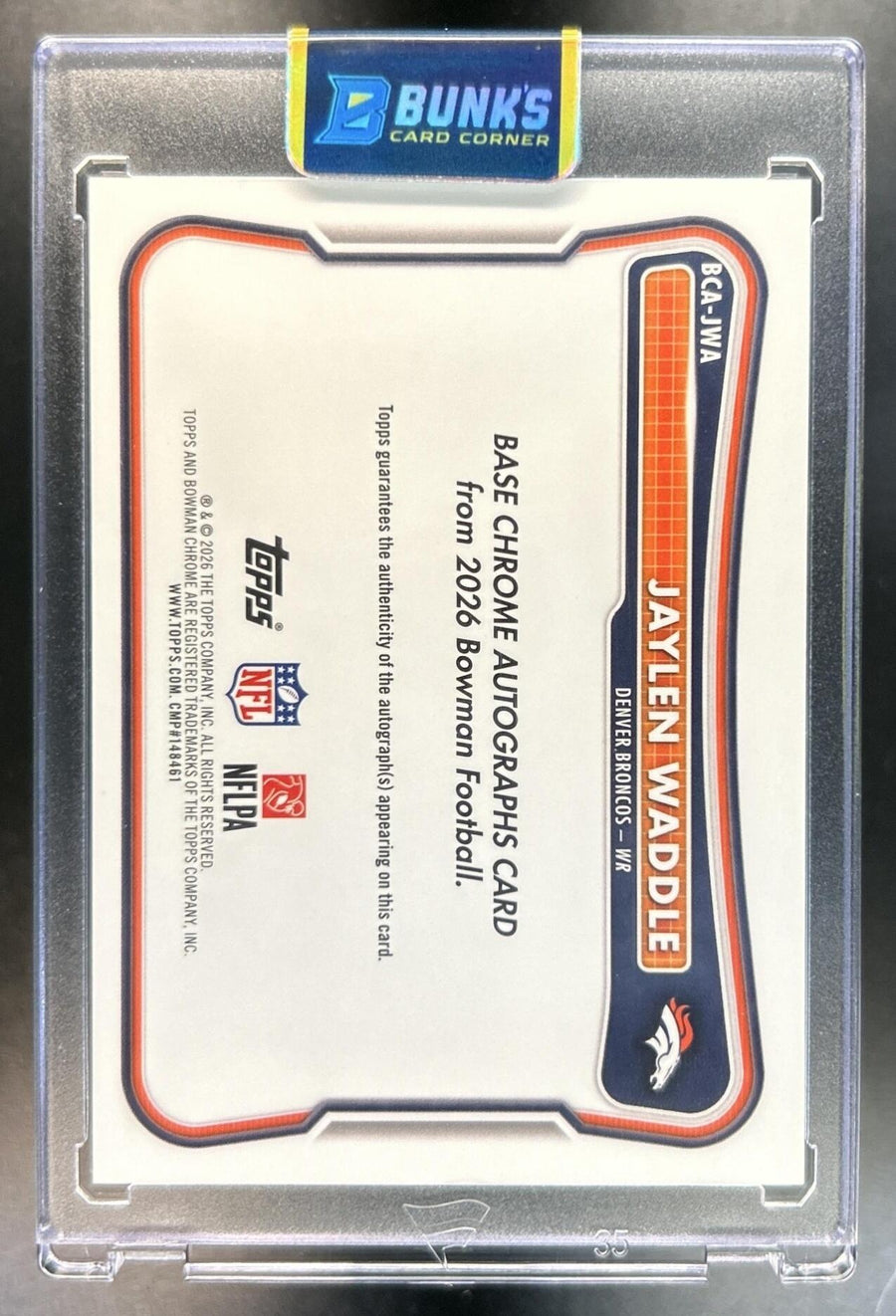 Jaylen Waddle 2026 Bowman #BCA-JWA Chrome Auto Broncos