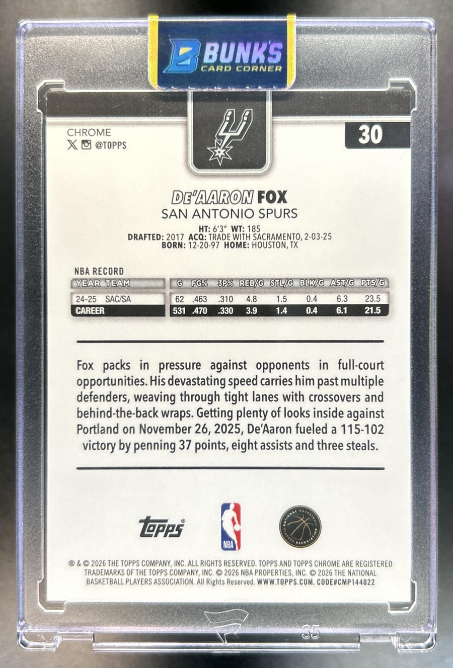 De'Aaron Fox 2025-26 Topps Chrome Update #30 Image Variation Speckle Refractor 42/50 Spurs