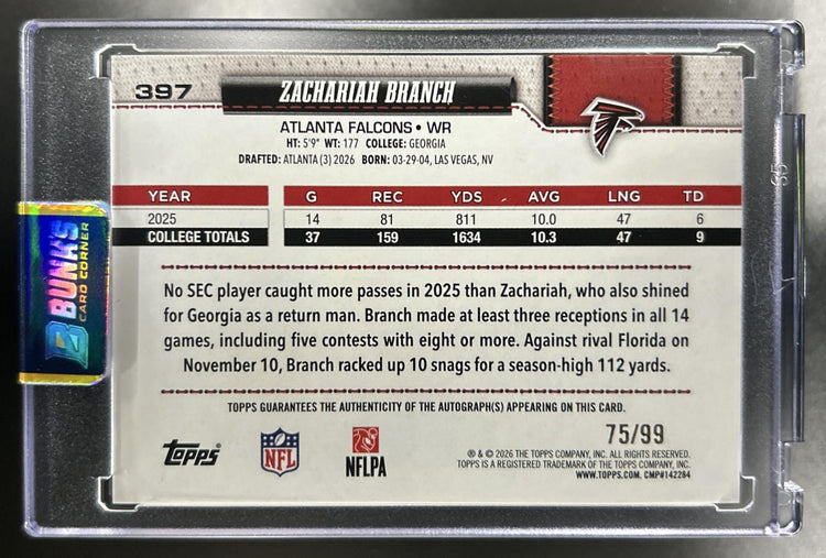 Zachariah Branch 2026 Topps #397 Real One Auto Green Foil 75/99 RC SSP Falcons