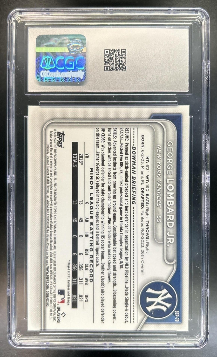 George Lombard Jr. 2024 Bowman #BCP-79 Chrome Lunar Glow Refractor 1st Prospect Yankees CGC 9.5