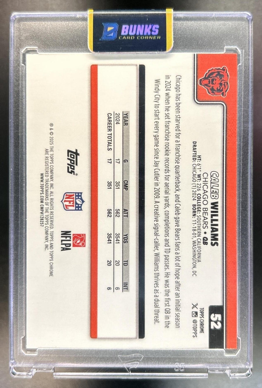 Caleb Williams 2025 Topps Chrome #52 Aqua Wave Refractor 182/199 Bears