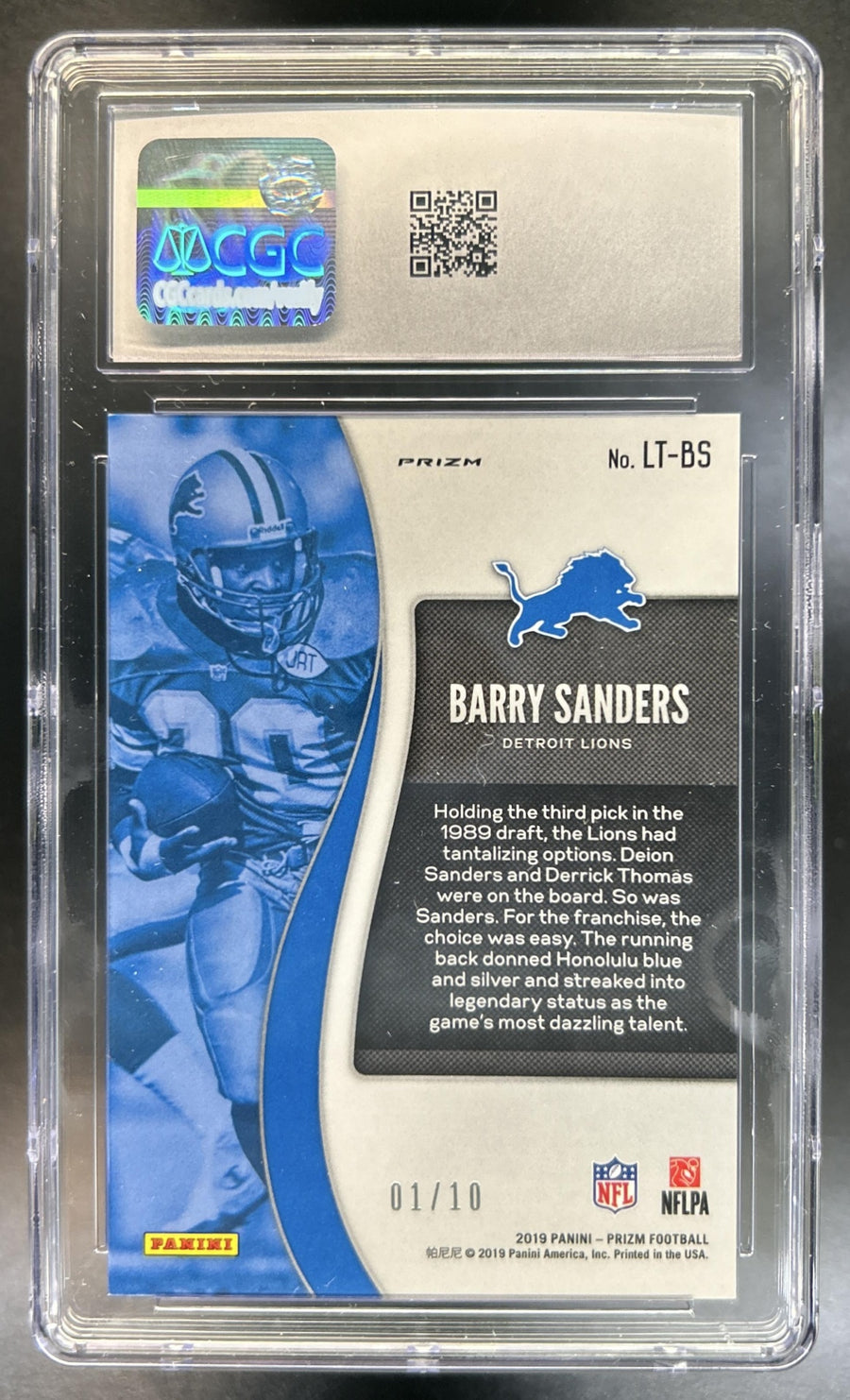 Barry Sanders 2019 Panini Prizm #LT-BS Legendary Talents Prizms Gold 1/10 Lions CGC 10
