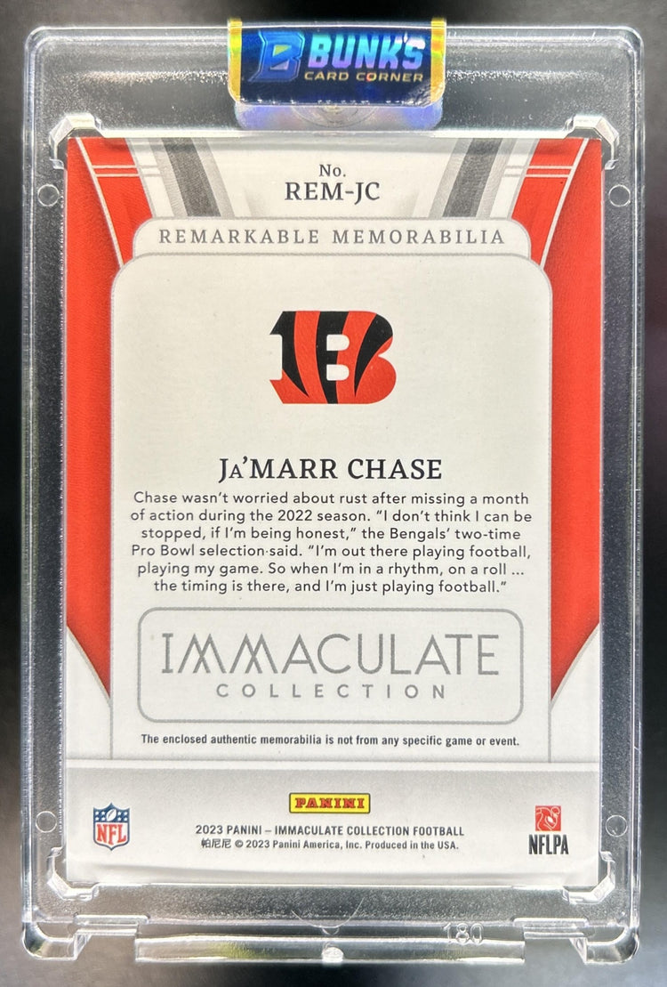 Ja'Marr Chase 2023 Panini Immaculate Collection #REM-JC Remarkable Memorabilia Gold MEM 3/10 Bengals