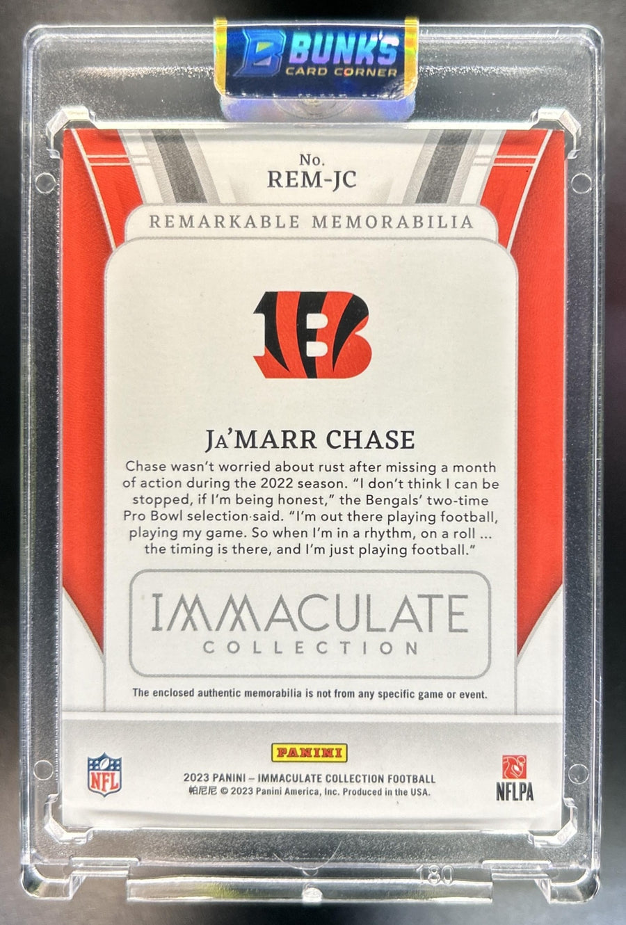 Ja'Marr Chase 2023 Panini Immaculate Collection #REM-JC Remarkable Memorabilia Gold MEM 3/10 Bengals