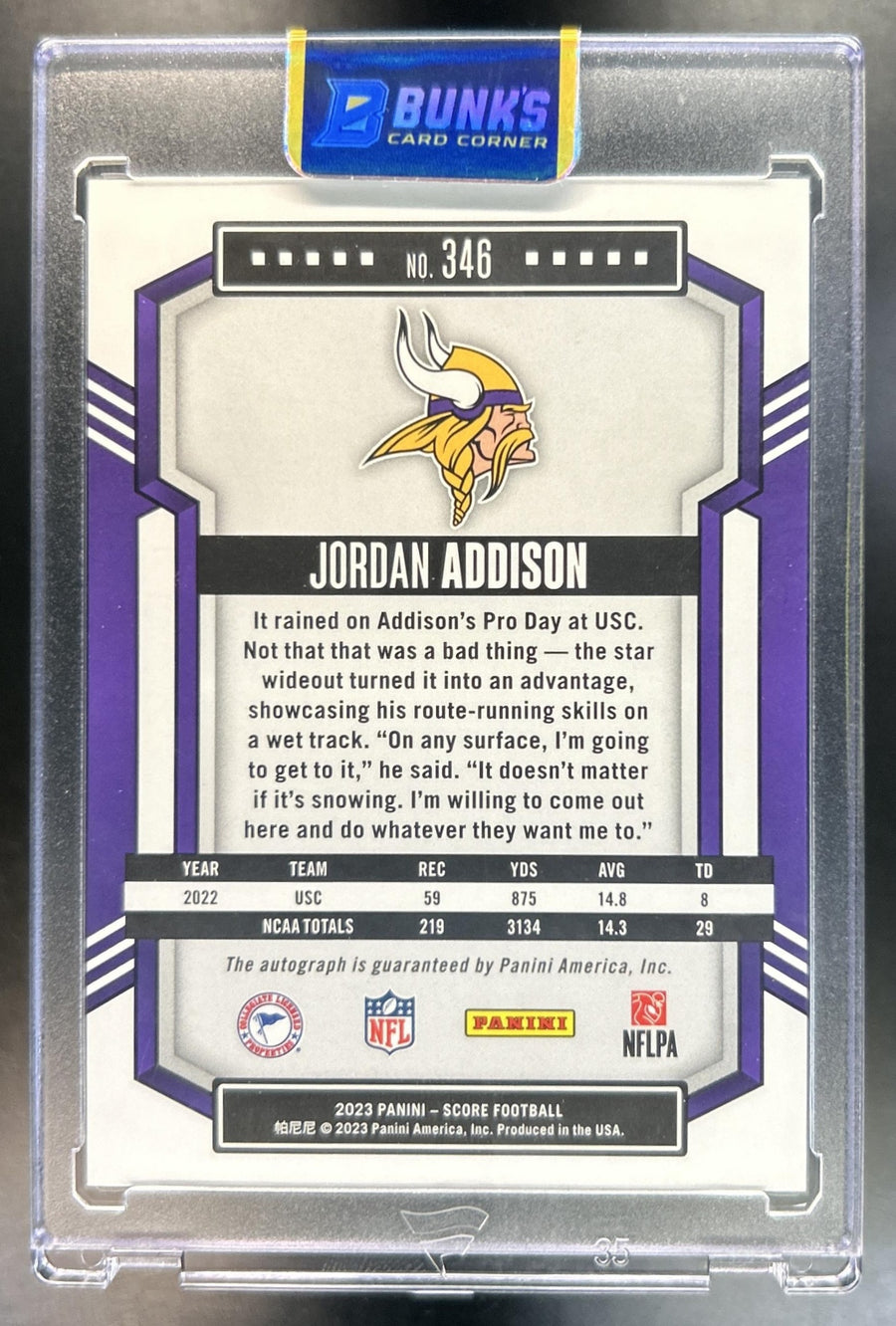 Jordan Addison 2023 Panini Score #346 Signatures Gold Zone 25/50 RC Auto Vikings