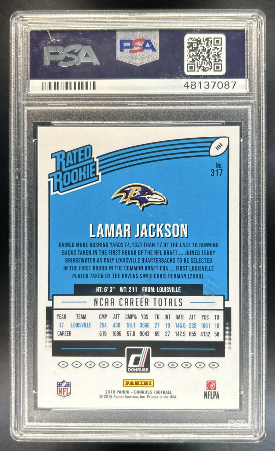 Lamar Jackson 2018 Panini Donruss #317 RC Ravens PSA 10