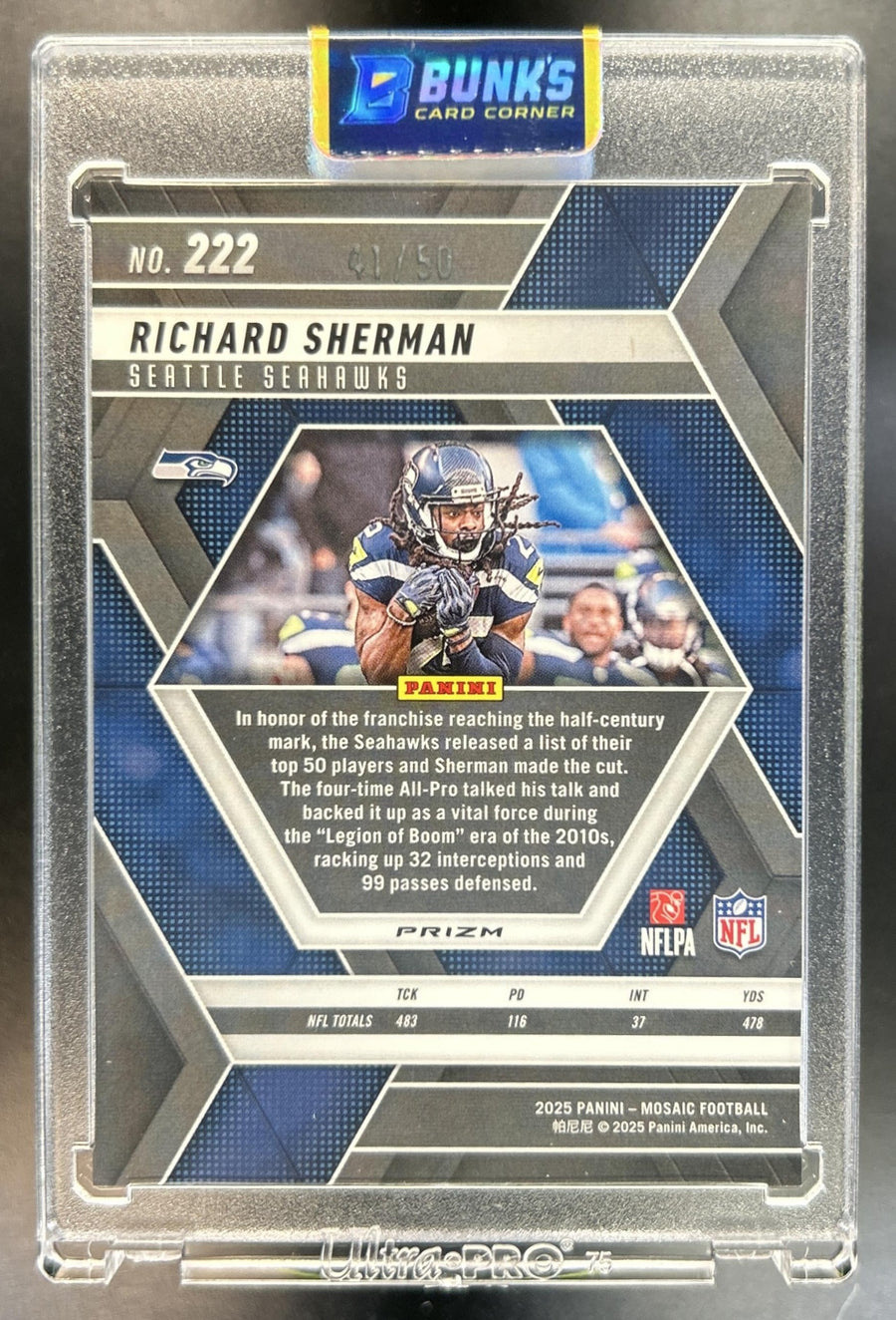 Richard Sherman 2025 Panini Mosaic #222 Purple Scope Prizm 41/50 Seahawks