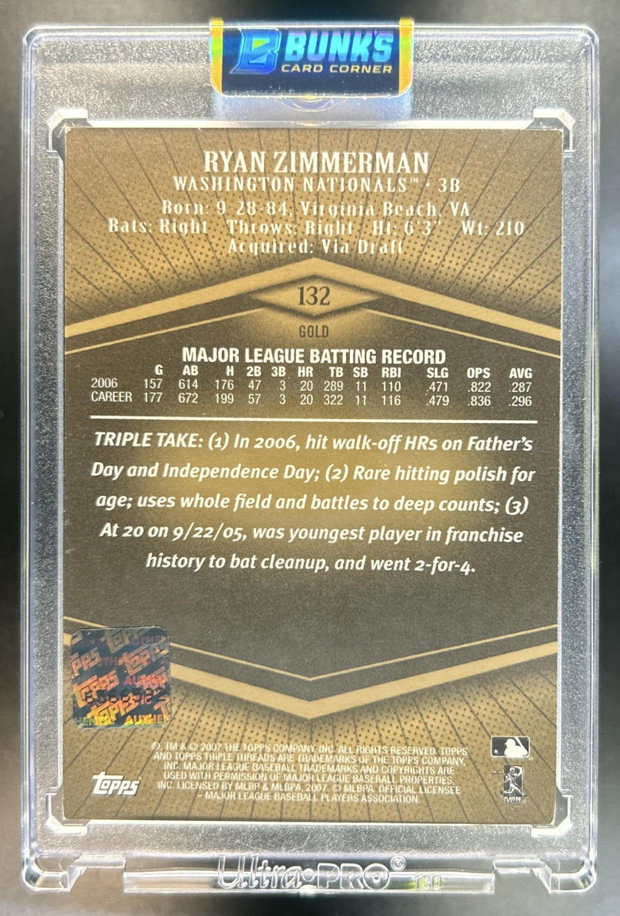 Ryan Zimmerman 2007 Topps Triple Threads #132a Gold 16/25 Auto Nationals