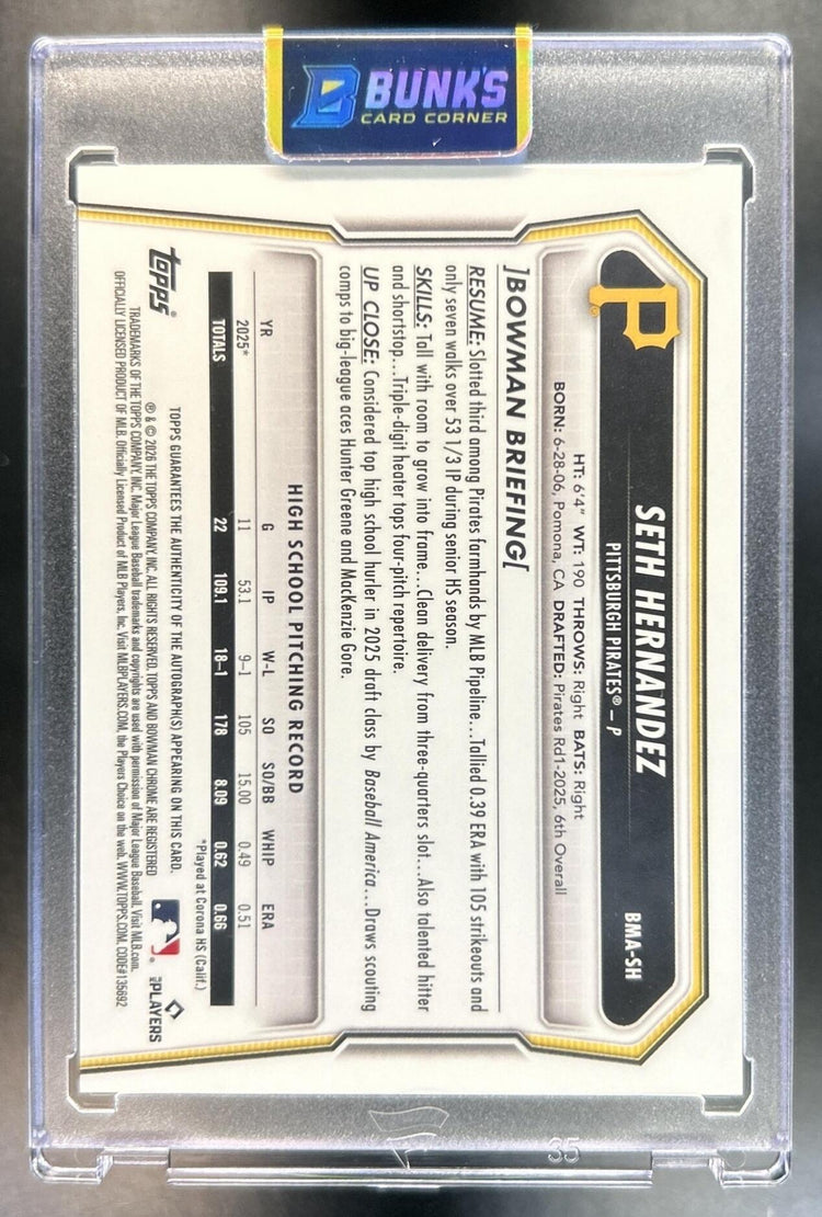 Seth Hernandez 2026 Bowman Mega Box #BMA-SH Chrome Prospect Auto Aqua Mojo Refractor 107/125 Pirates