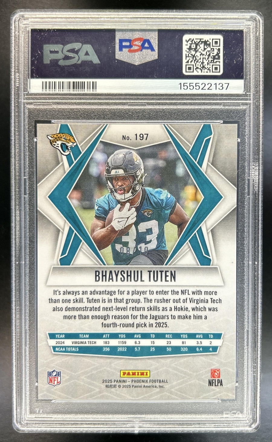Bhayshul Tuten 2025 Panini Phoenix #197 Silver Lava Prizm RC Jaguars 8/10 PSA 10 *Population 1*