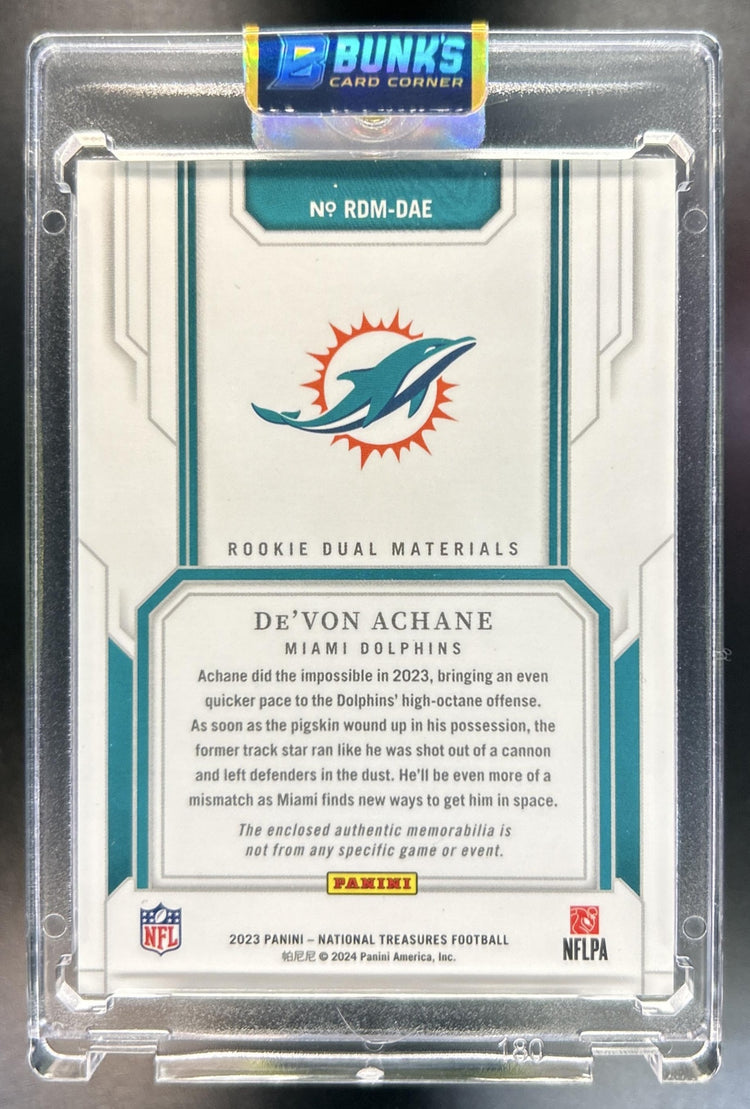 De'Von Achane 2023 Panini National Treasures #RDM-DAE Rookie Dual Materials Jersey Number Red 20/28 MEM Dolphins