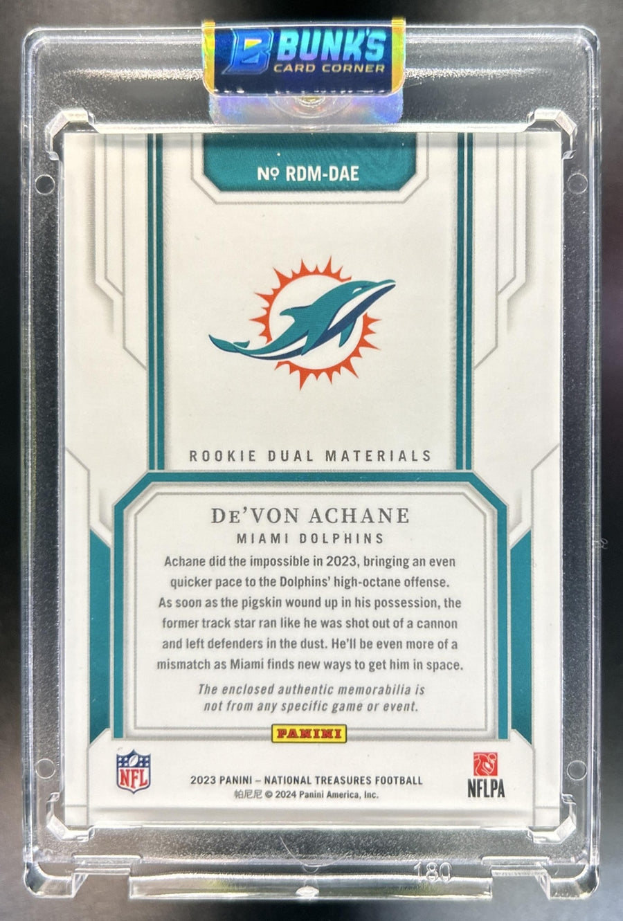 De'Von Achane 2023 Panini National Treasures #RDM-DAE Rookie Dual Materials Jersey Number Red 20/28 MEM Dolphins