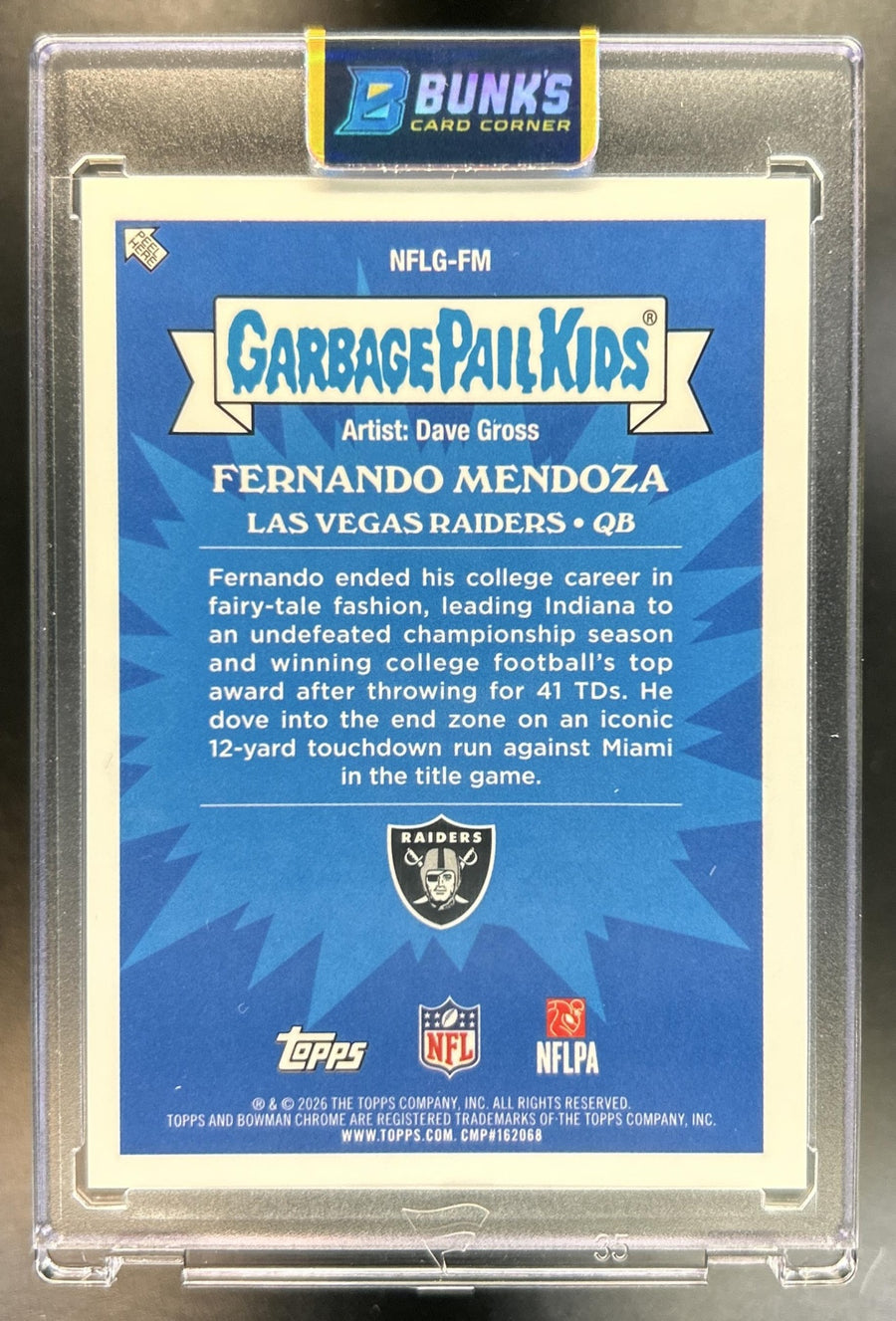 Fernando Mendoza 2026 Bowman #NFLG-FM Garbage Pail Kid NFL RC SSP Raiders