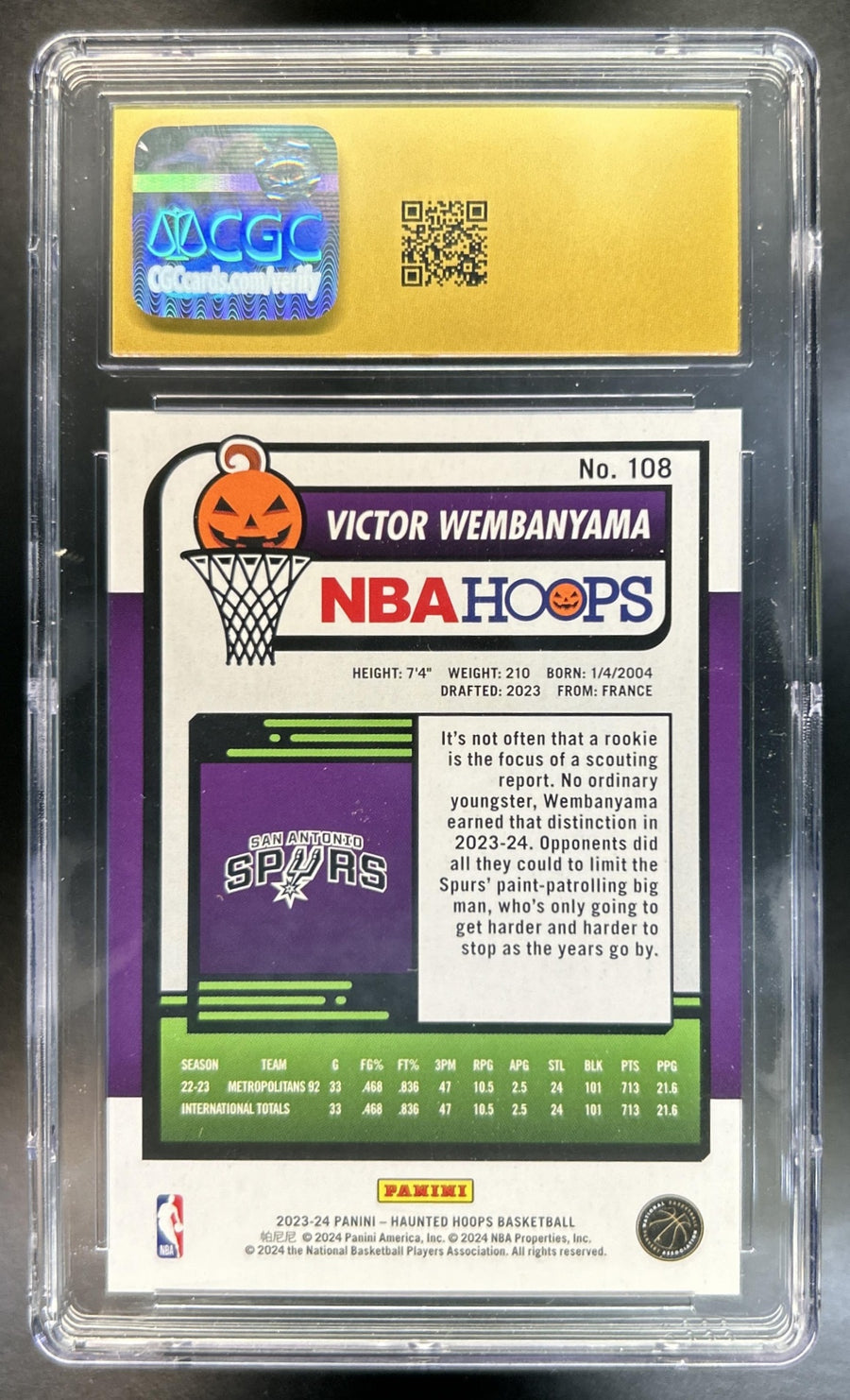 Victor Wembanyama 2023-24 Panini Haunted Hoops #108 Slime RC Spurs CGC 10
