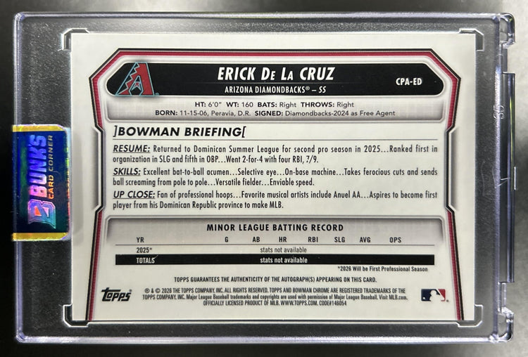 Erick De La Cruz 2026 Bowman Chrome #CPA-ED Auto Orange Mojo Refractor 16/25 1st Prospect Diamondbacks