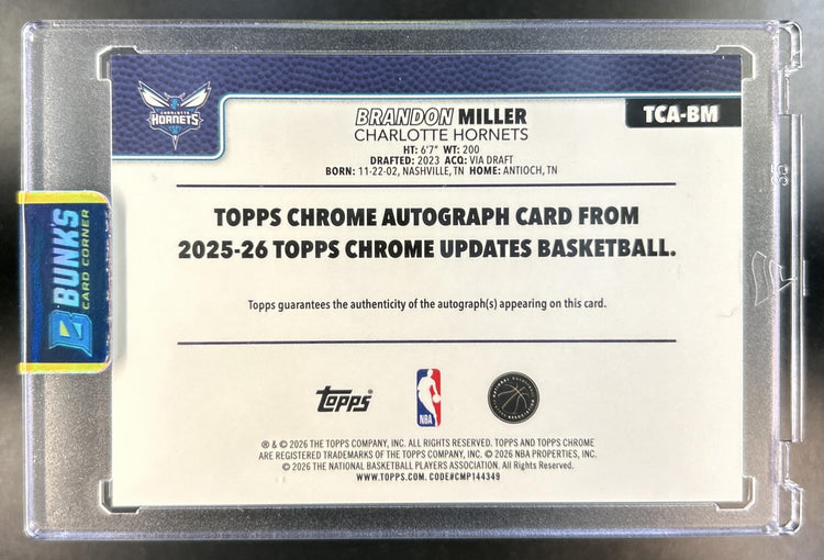 Brandon Miller 2025-26 Topps Chrome Update #TCA-BM Auto Green Refractor 39/99 Hornets