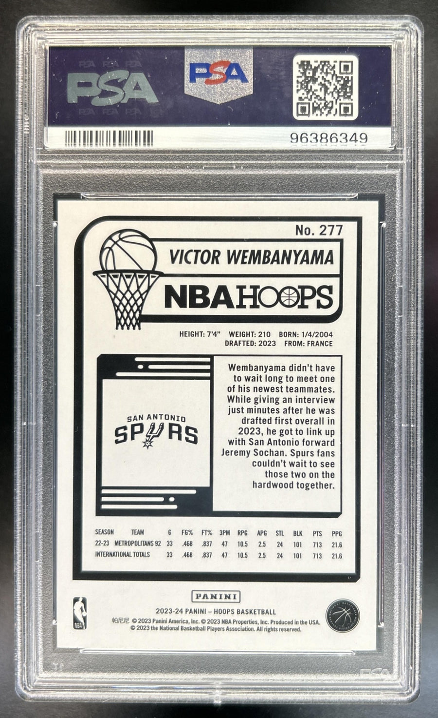 Victor Wembanyama 2023-24 Panini Hoops #277 Hyper Blue RC Spurs PSA 9