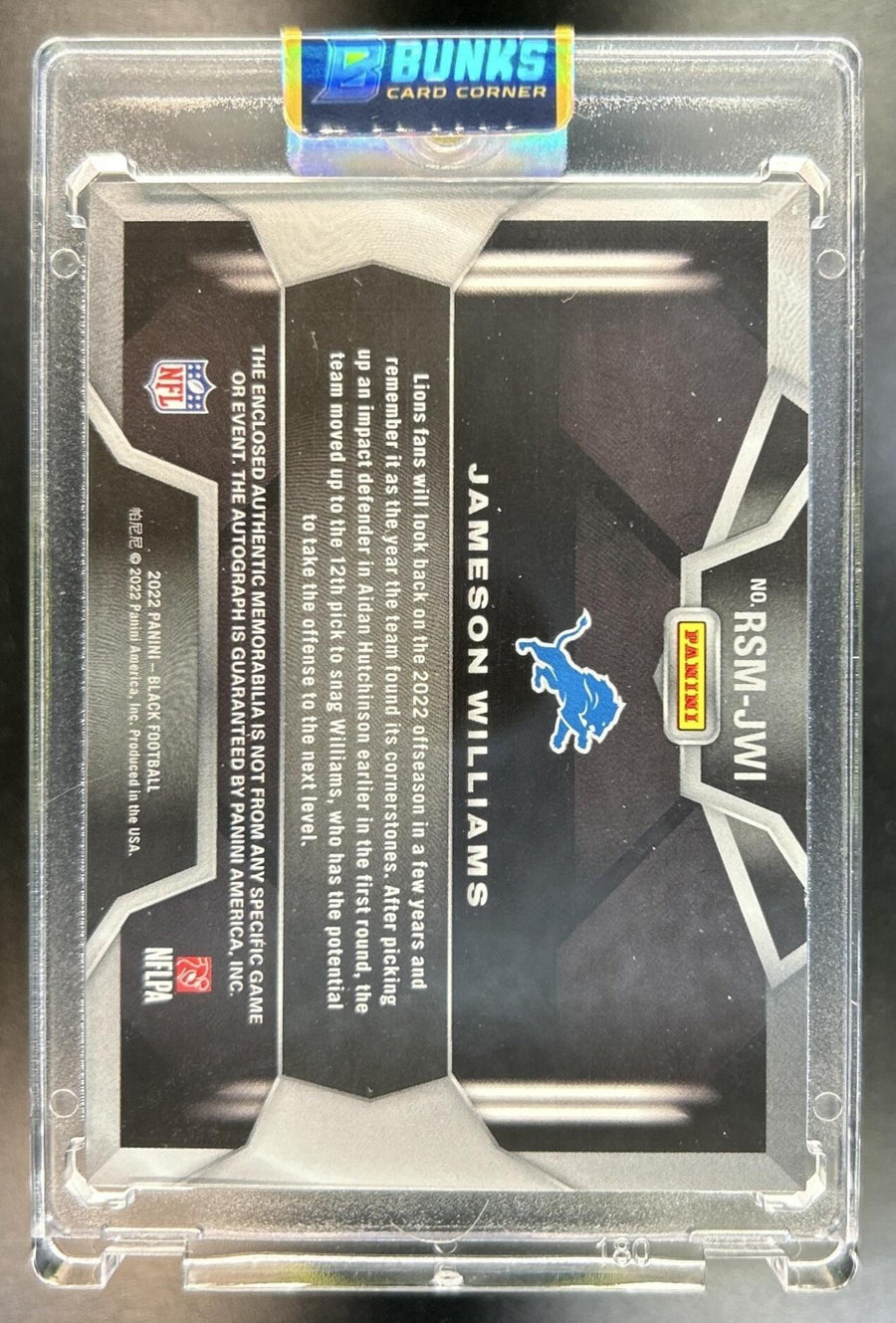 Jameson Williams 2022 Panini Black #RSM-JWI Rookie Signature Materials 23 MEM Auto RC Lions