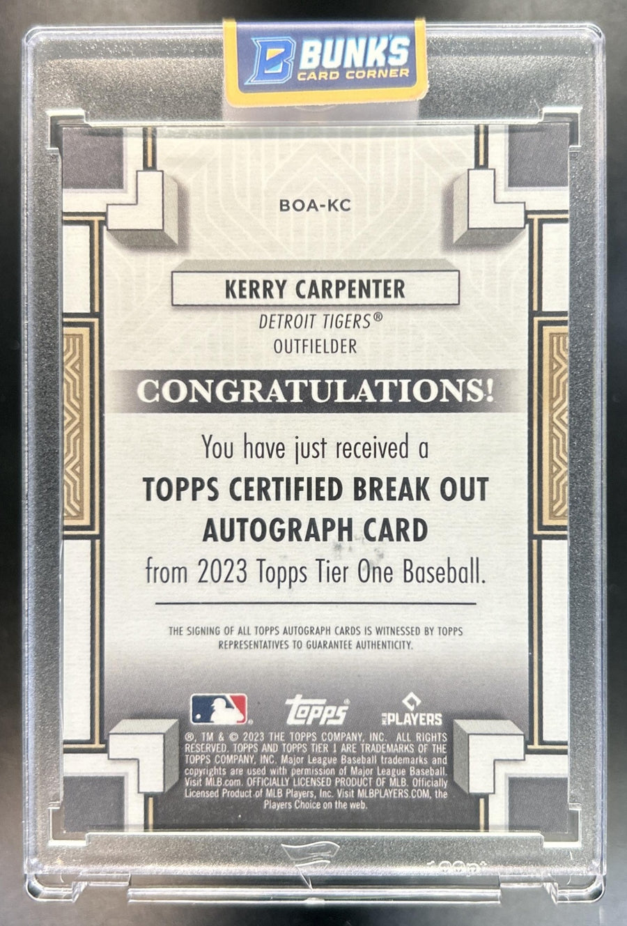 Kerry Carpenter 2023 Topps Tier One #BOA-KC Break Out Auto Silver Ink 8/10 RC Tigers