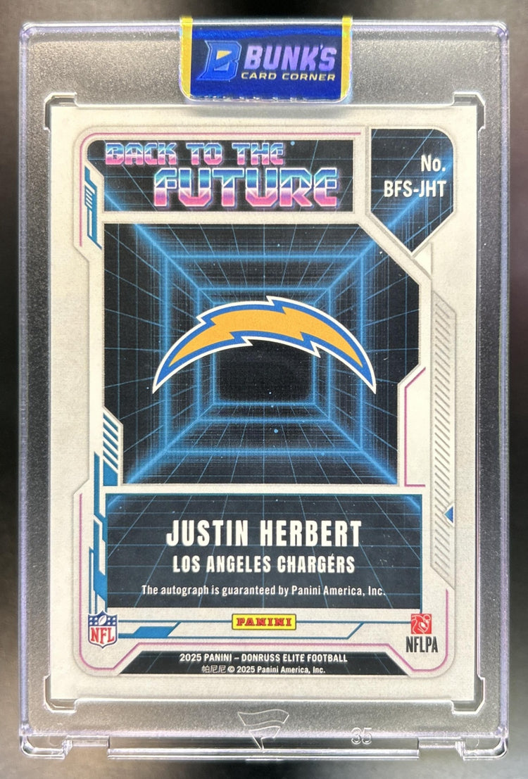 Justin Herbert 2025 Panini Donruss Elite #BFS-JHT Back to the Future Signatures 107/149 Auto Chargers