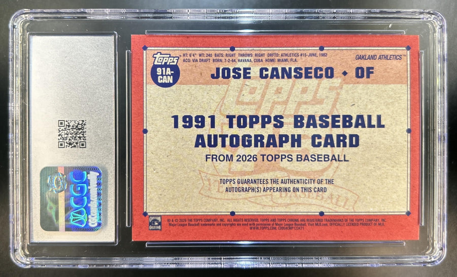 Jose Canseco 2026 Topps Series 1 #91A-CAN 1991 Auto Athletics CGC 10/10