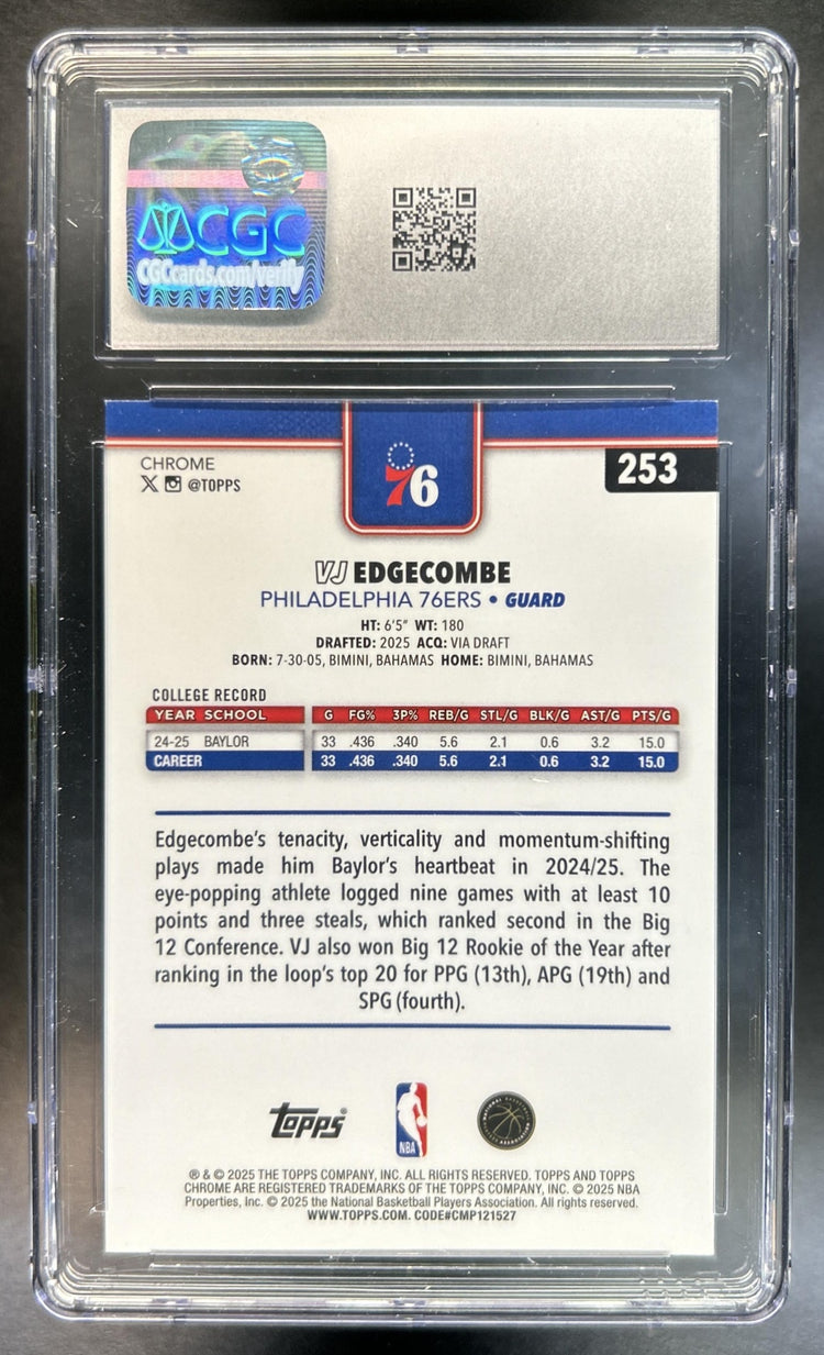 VJ Edgecombe 2025-26 Topps Chrome #253 RayWave Blue Refractor RC 76ers CGC 9