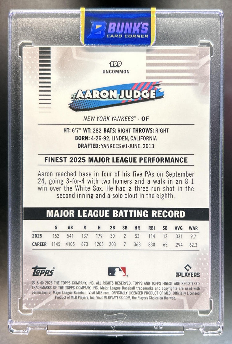 Aaron Judge 2026 Topps Finest #199 Uncommon Yellow Refractor 101/275 Yankees